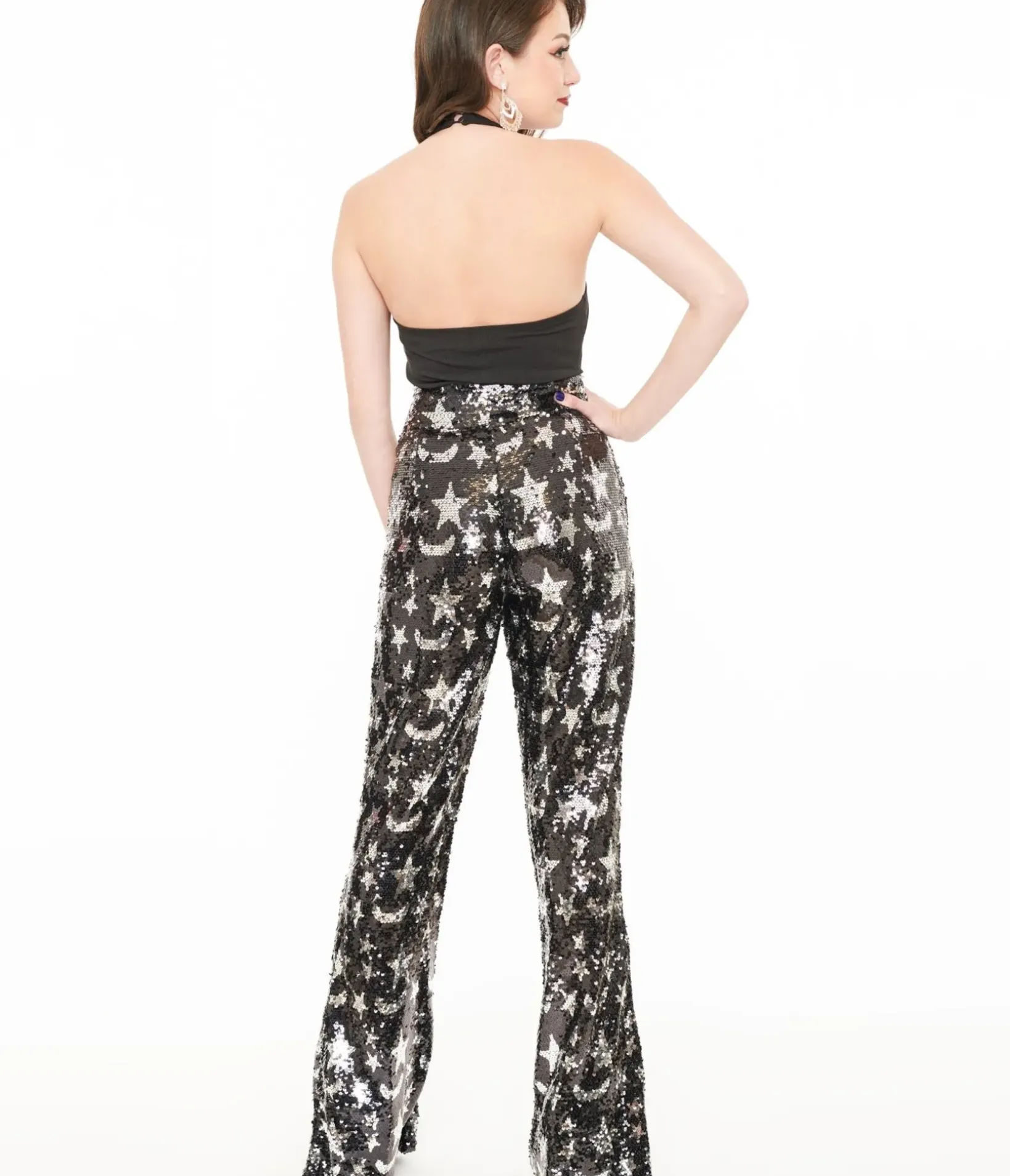 Unique Vintage Pants>Smak Parlour 1960s Black & Silver Star Sequin High Waist Flare Pants