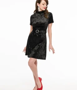 Unique Vintage Everyday Dresses|All Things Black>Smak Parlour 1960s Black Velvet Mock Turtleneck Wave Maker Mini Dress