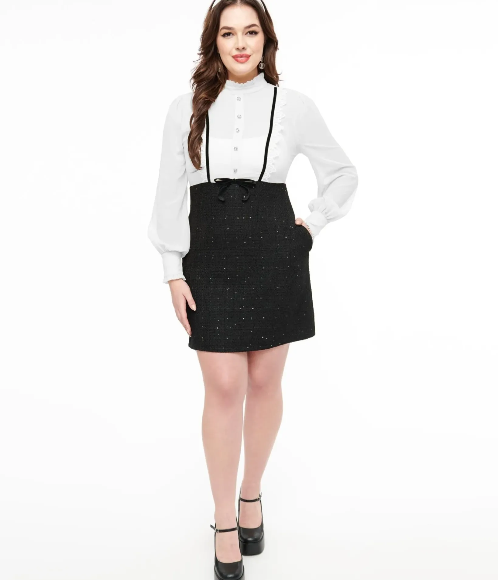 Unique Vintage Pocket Dresses|Everyday Dresses>Smak Parlour 1960s Black & White Ruffle Neck A-Line Dress