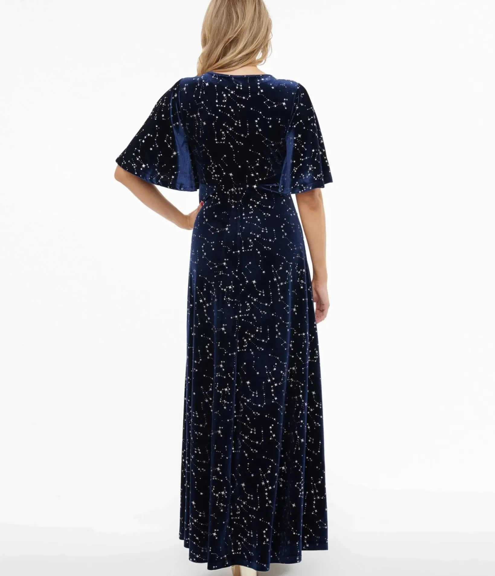 Unique Vintage Maxi|Everyday Dresses>Smak Parlour 1970s Blue Velvet Silver Stars Cutout Maxi Dress