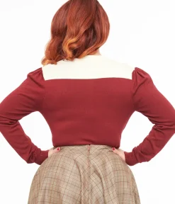 Unique Vintage Sweaters & Cardigans>Smak Parlour 1960s Burgundy & Ivory Mistletoe Cardigan