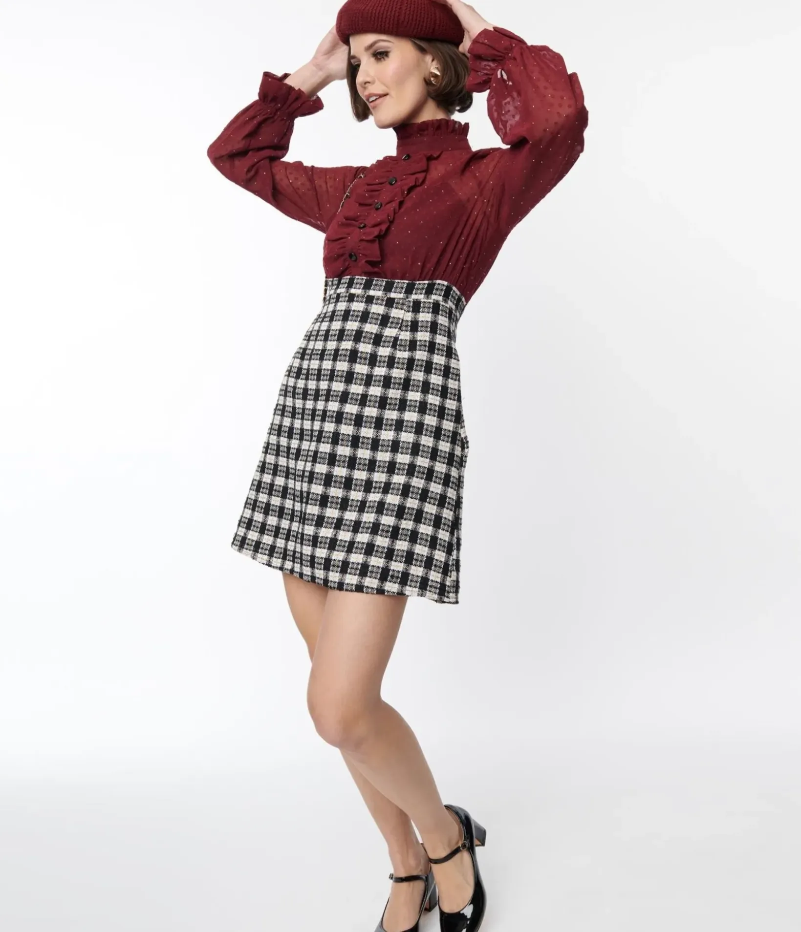 Unique Vintage Pocket Dresses|Everyday Dresses>Smak Parlour 1960s Burgundy & Plaid Ruffle Neck Empire A-Line Dress