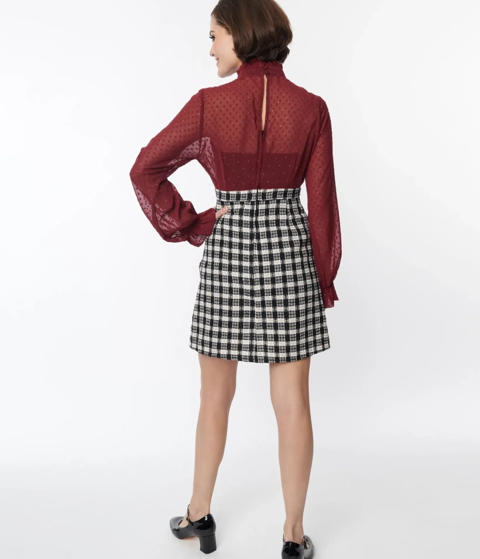 Unique Vintage Pocket Dresses|Everyday Dresses>Smak Parlour 1960s Burgundy & Plaid Ruffle Neck Empire A-Line Dress