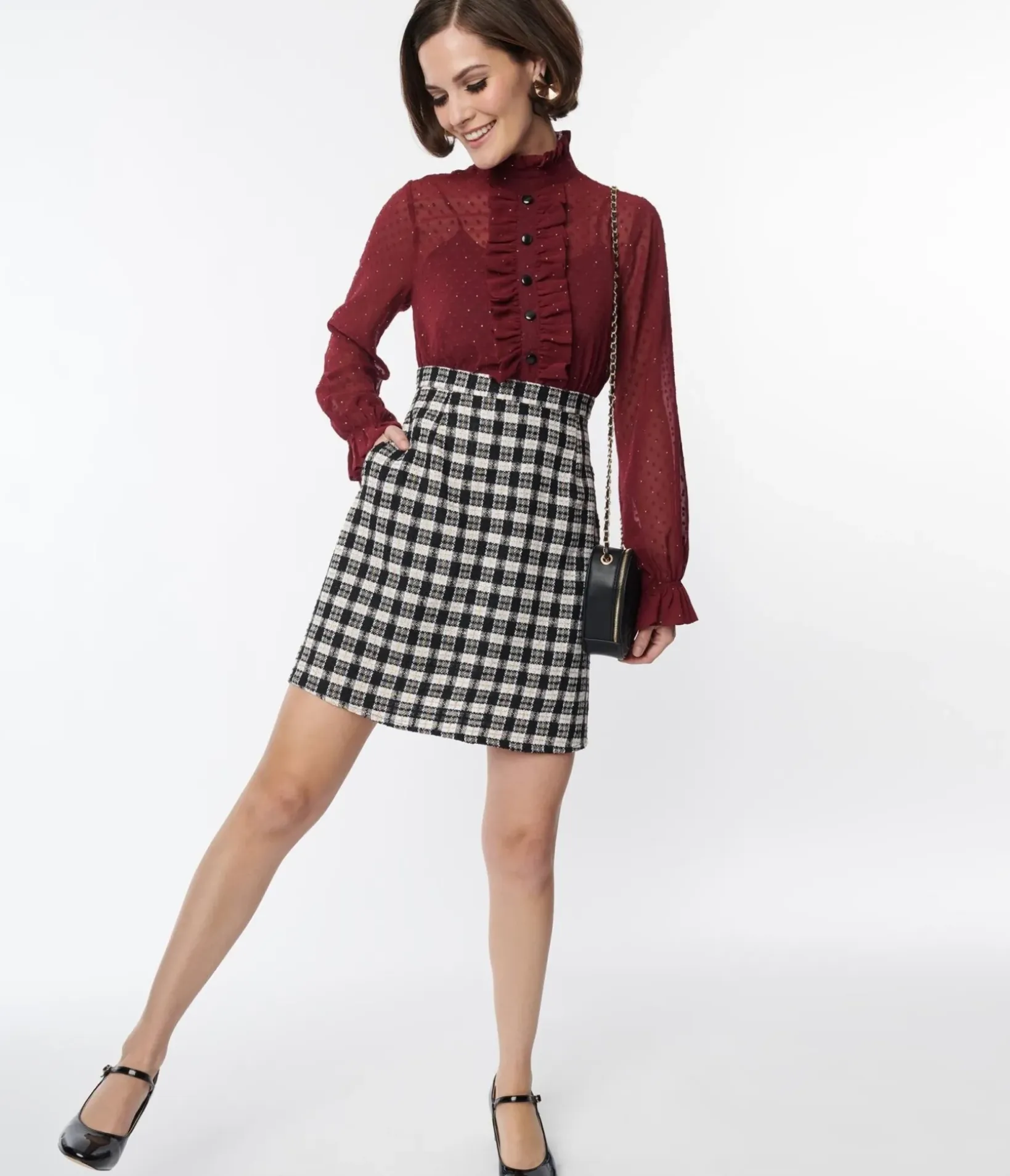 Unique Vintage Pocket Dresses|Everyday Dresses>Smak Parlour 1960s Burgundy & Plaid Ruffle Neck Empire A-Line Dress