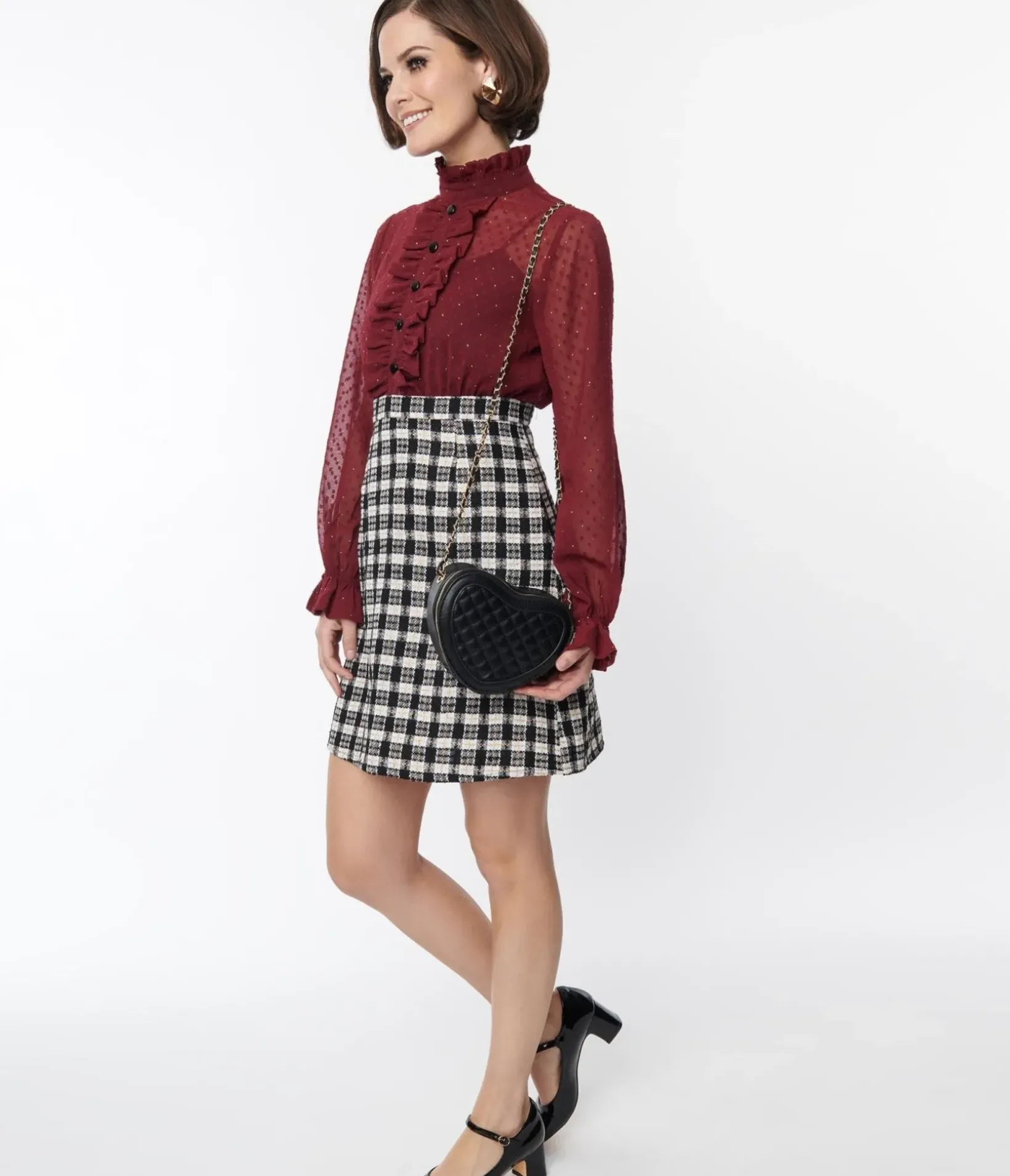 Unique Vintage Pocket Dresses|Everyday Dresses>Smak Parlour 1960s Burgundy & Plaid Ruffle Neck Empire A-Line Dress
