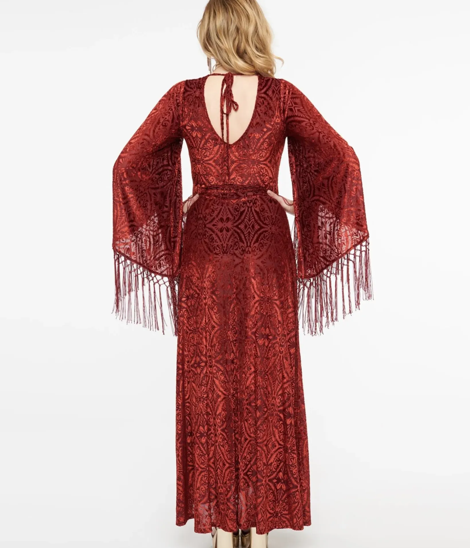 Unique Vintage Maxi|Everyday Dresses>Smak Parlour 1970s Burgundy Velvet Burnout Fringe Sleeve Maxi Dress