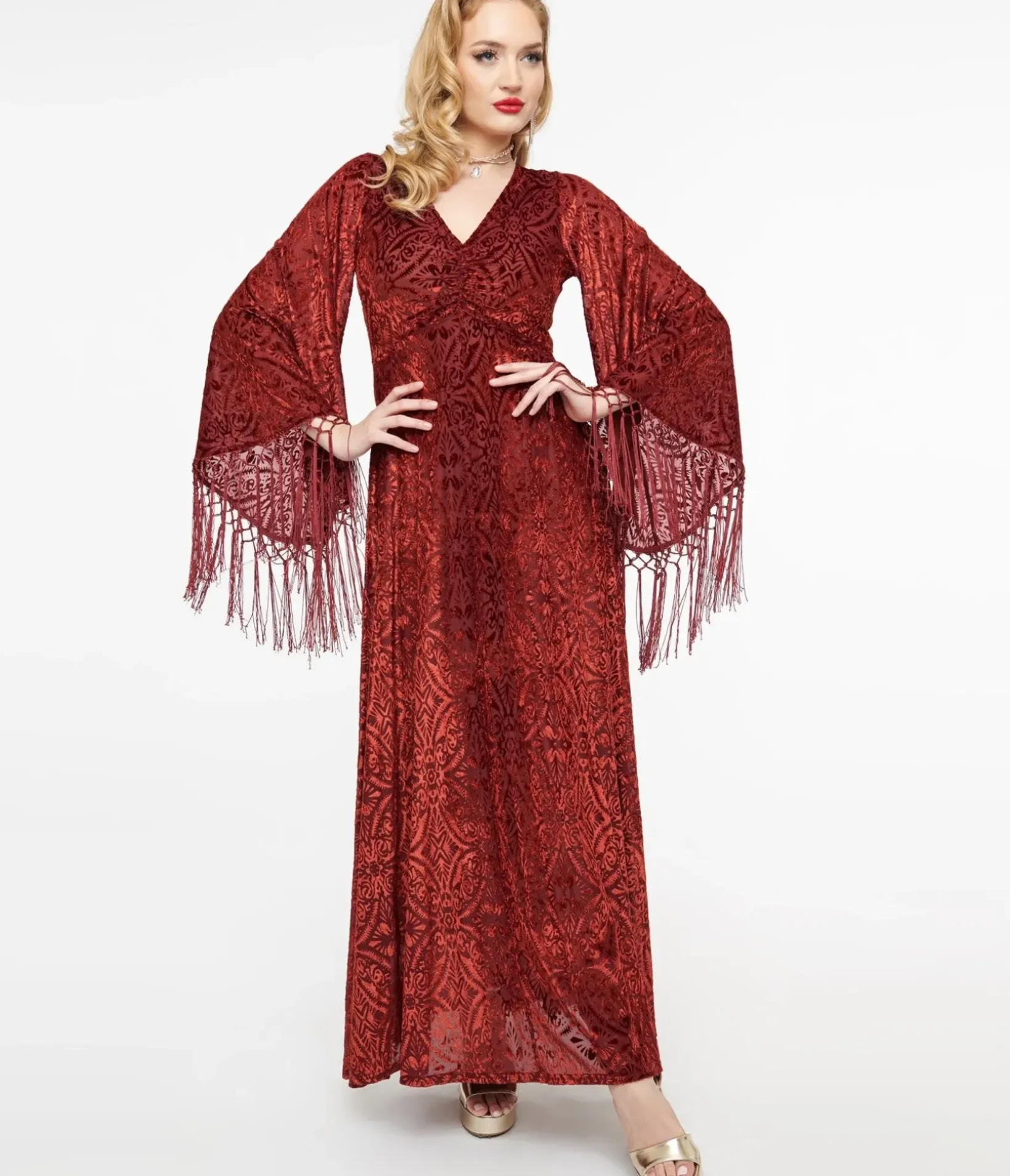 Unique Vintage Maxi|Everyday Dresses>Smak Parlour 1970s Burgundy Velvet Burnout Fringe Sleeve Maxi Dress