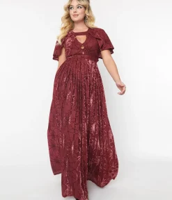 Unique Vintage Everyday Dresses|Halloween>Smak Parlour 1970s Burgundy & Velvet Spiderweb Cape Maxi Dress