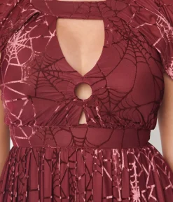 Unique Vintage Everyday Dresses|Halloween>Smak Parlour 1970s Burgundy & Velvet Spiderweb Cape Maxi Dress