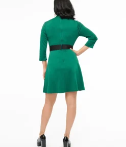 Unique Vintage Everyday Dresses>Smak Parlour 1960s Emerald & Black Belted A-Line Dress