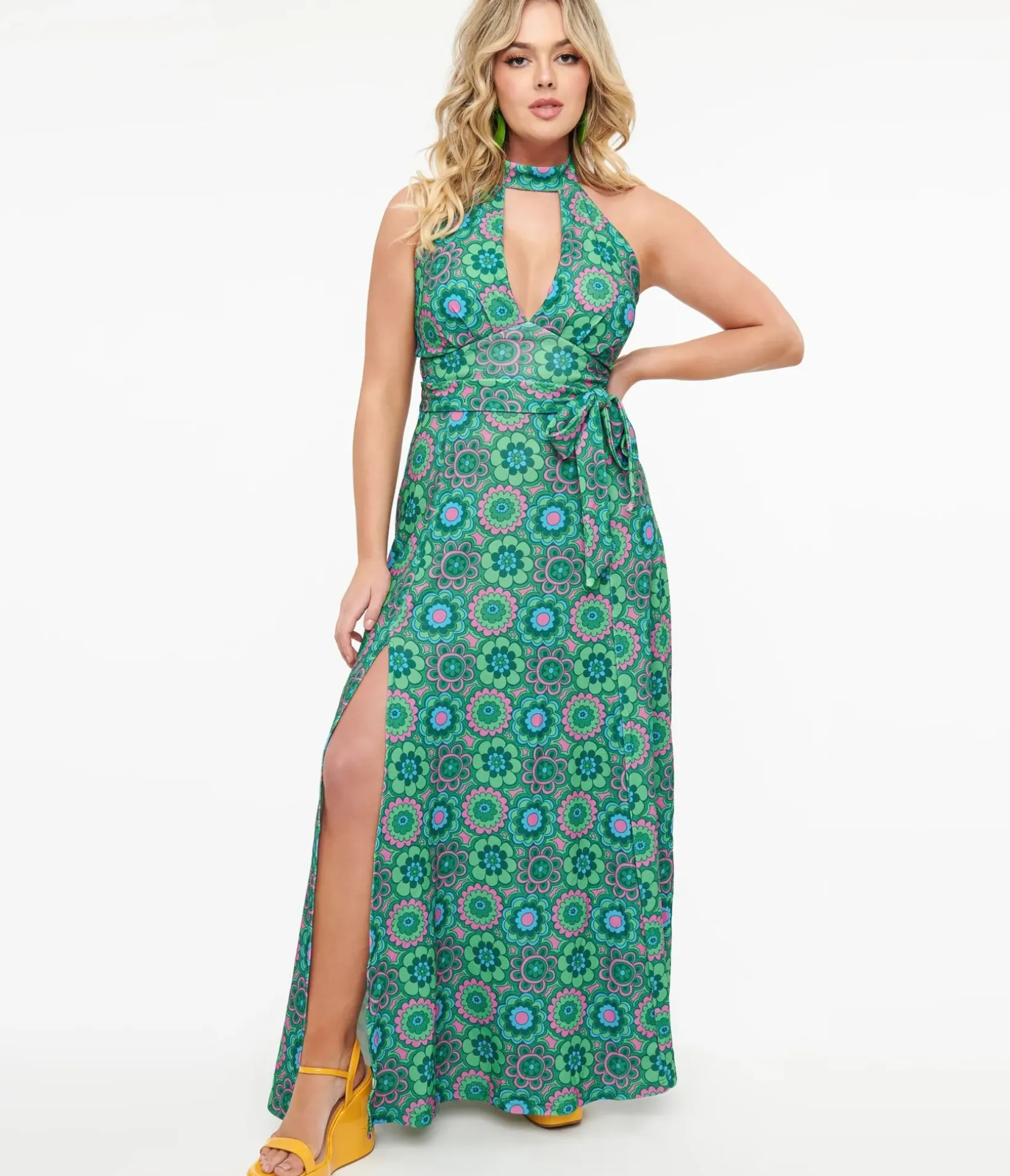 Unique Vintage Maxi|Everyday Dresses>Smak Parlour 1960s Emerald Floral Halter Maxi Dress
