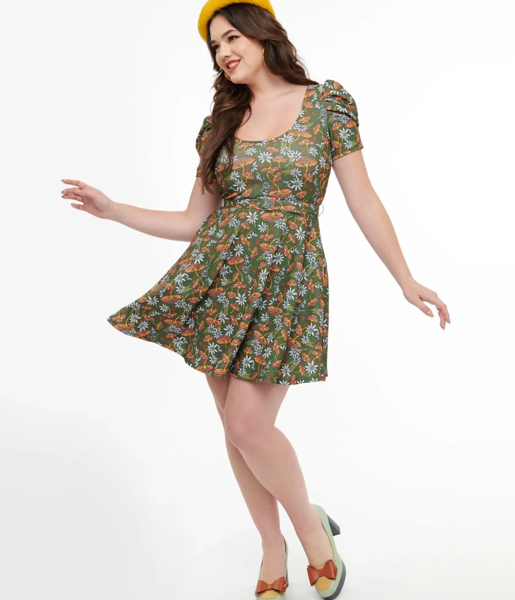 Unique Vintage Fit & Flare|Pocket Dresses>Smak Parlour 1960s Green & Orange Mushroom Group Chat Flare Dress