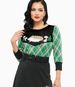Unique Vintage Sweaters & Cardigans>Smak Parlour 1960s Green Plaid & Hedgehog Sweater