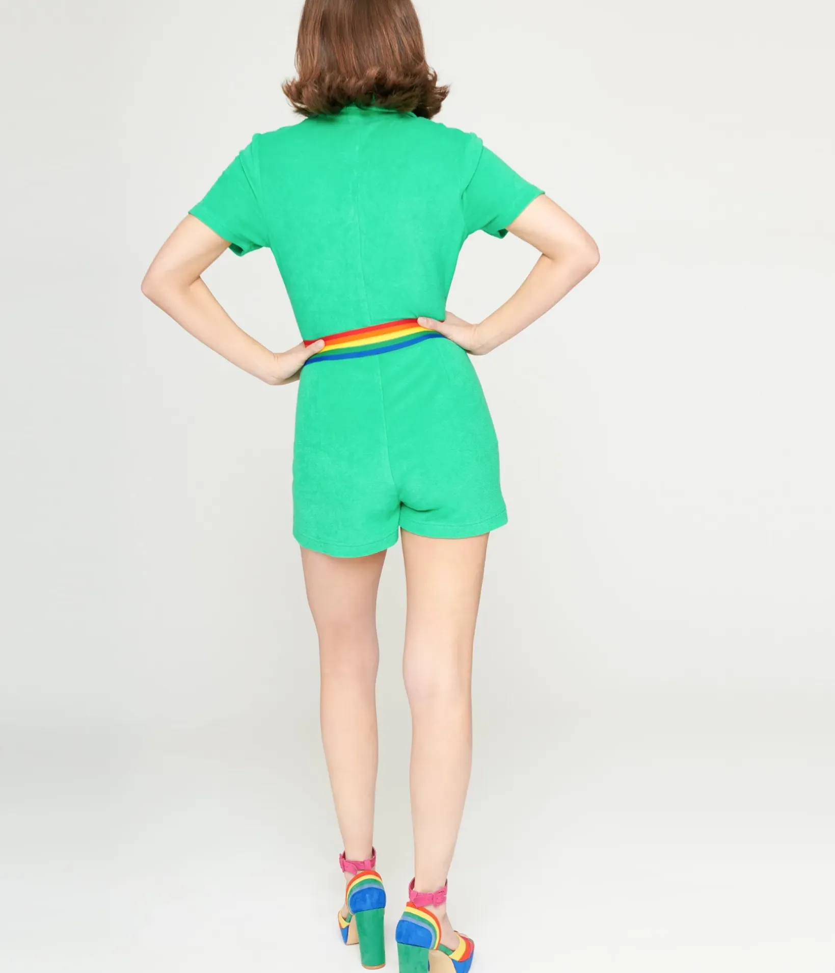 Unique Vintage Rompers & Jumpsuits|Summer Vacation>Smak Parlour 1960s Green & Rainbow Belted Romper
