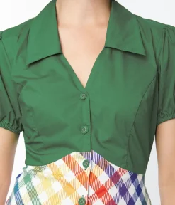 Unique Vintage Fit & Flare|Pocket Dresses>Smak Parlour 1970s Green & Rainbow Gingham Mini Shirt Dress