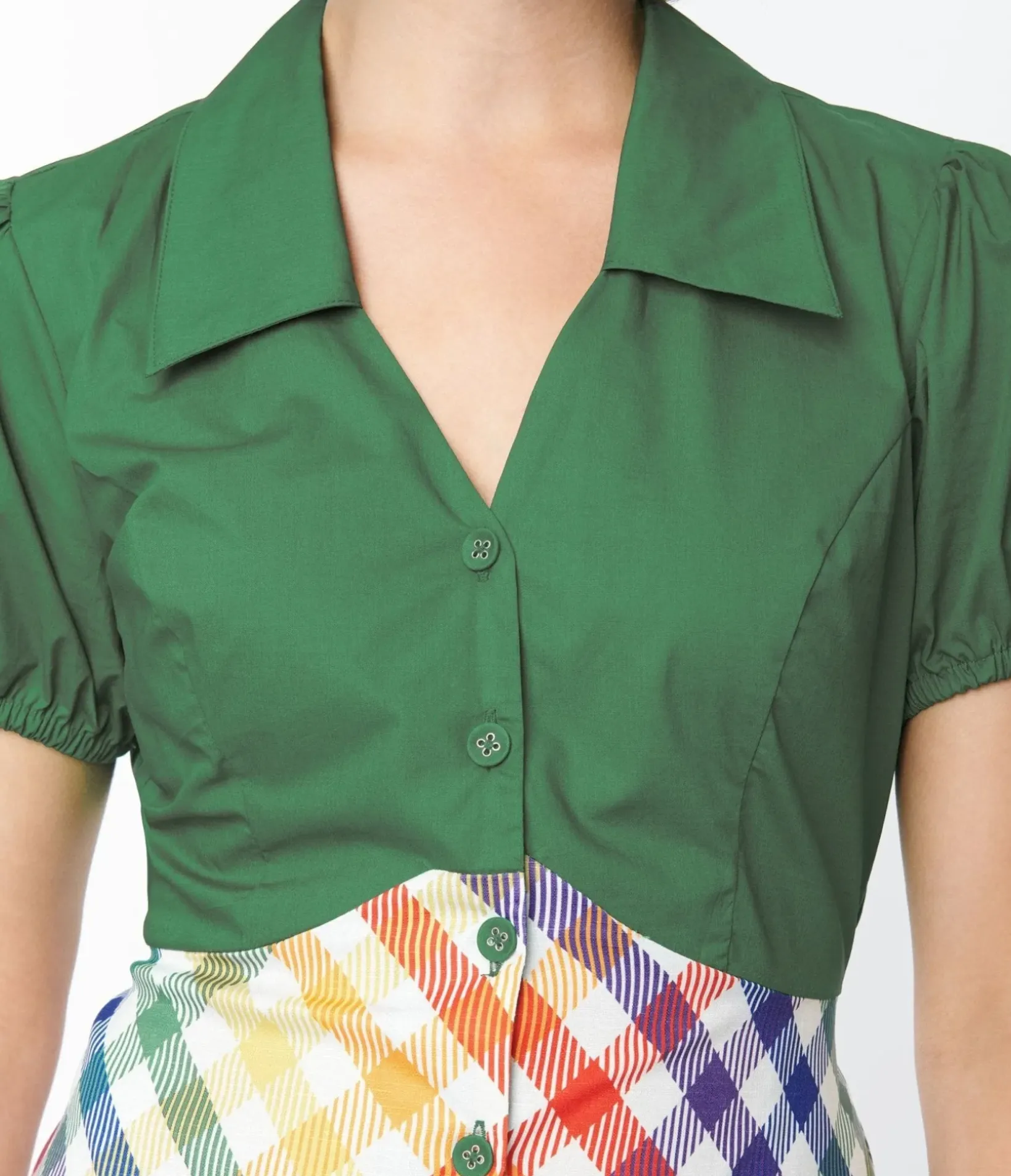 Unique Vintage Fit & Flare|Pocket Dresses>Smak Parlour 1970s Green & Rainbow Gingham Mini Shirt Dress