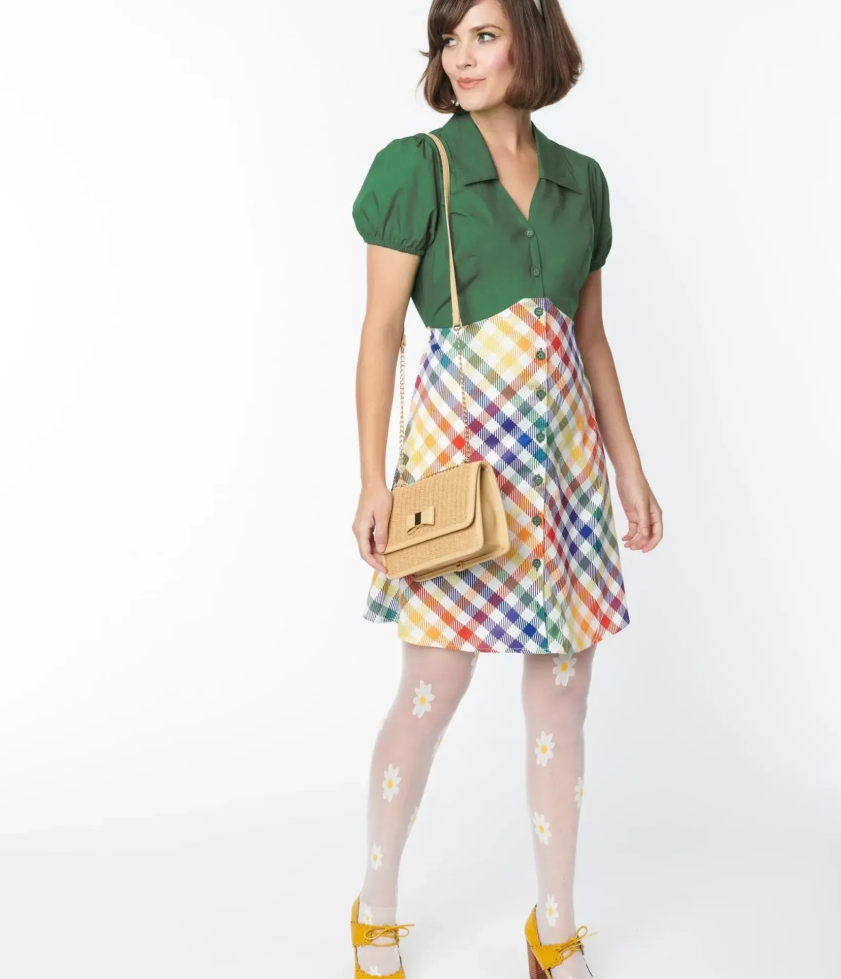 Unique Vintage Fit & Flare|Pocket Dresses>Smak Parlour 1970s Green & Rainbow Gingham Mini Shirt Dress