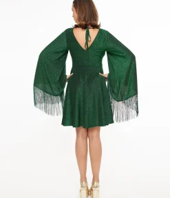 Unique Vintage Fit & Flare|Everyday Dresses>Smak Parlour 1970s Green Sparkle & Fringe Bell Sleeves Dress