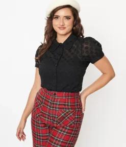 Unique Vintage Blouses|Blouses>Smak Parlour Sheer Black Dot Puff Sleeve Blouse