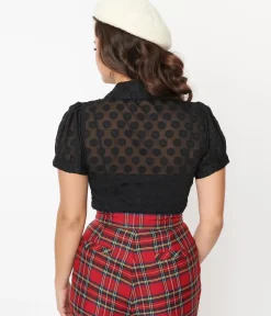 Unique Vintage Blouses|Blouses>Smak Parlour Sheer Black Dot Puff Sleeve Blouse