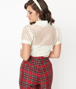 Unique Vintage Blouses>Smak Parlour Sheer Metallic Ivory Gingham Puff Sleeve Blouse
