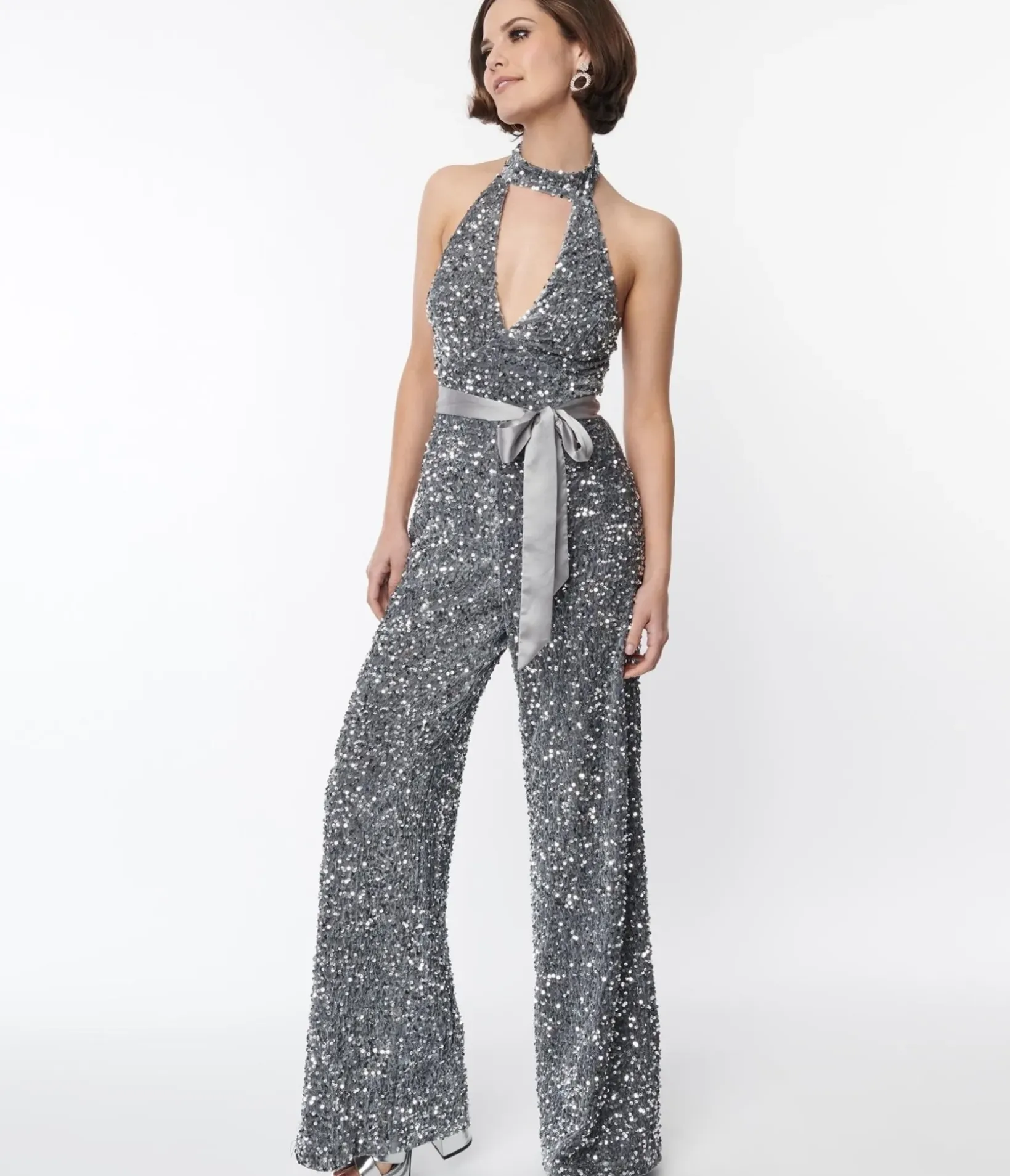 Unique Vintage Rompers & Jumpsuits>Smak Parlour Silver Sequin Glamour Goddess Jumpsuit