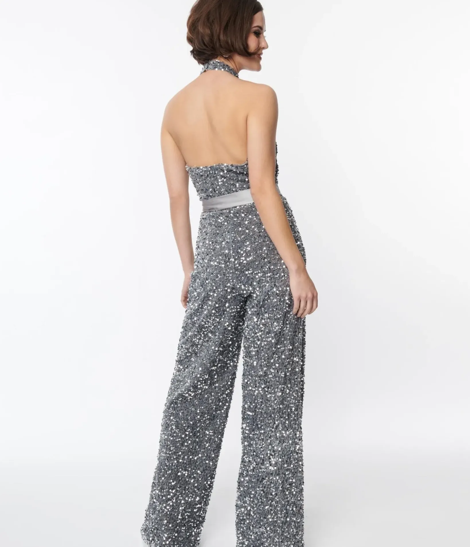 Unique Vintage Rompers & Jumpsuits>Smak Parlour Silver Sequin Glamour Goddess Jumpsuit