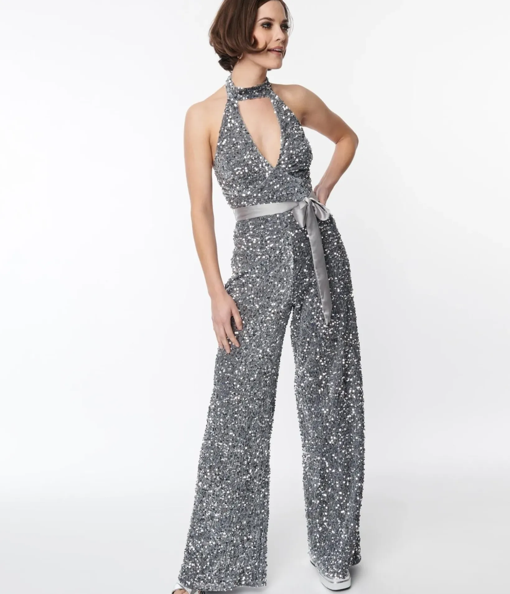 Unique Vintage Rompers & Jumpsuits>Smak Parlour Silver Sequin Glamour Goddess Jumpsuit