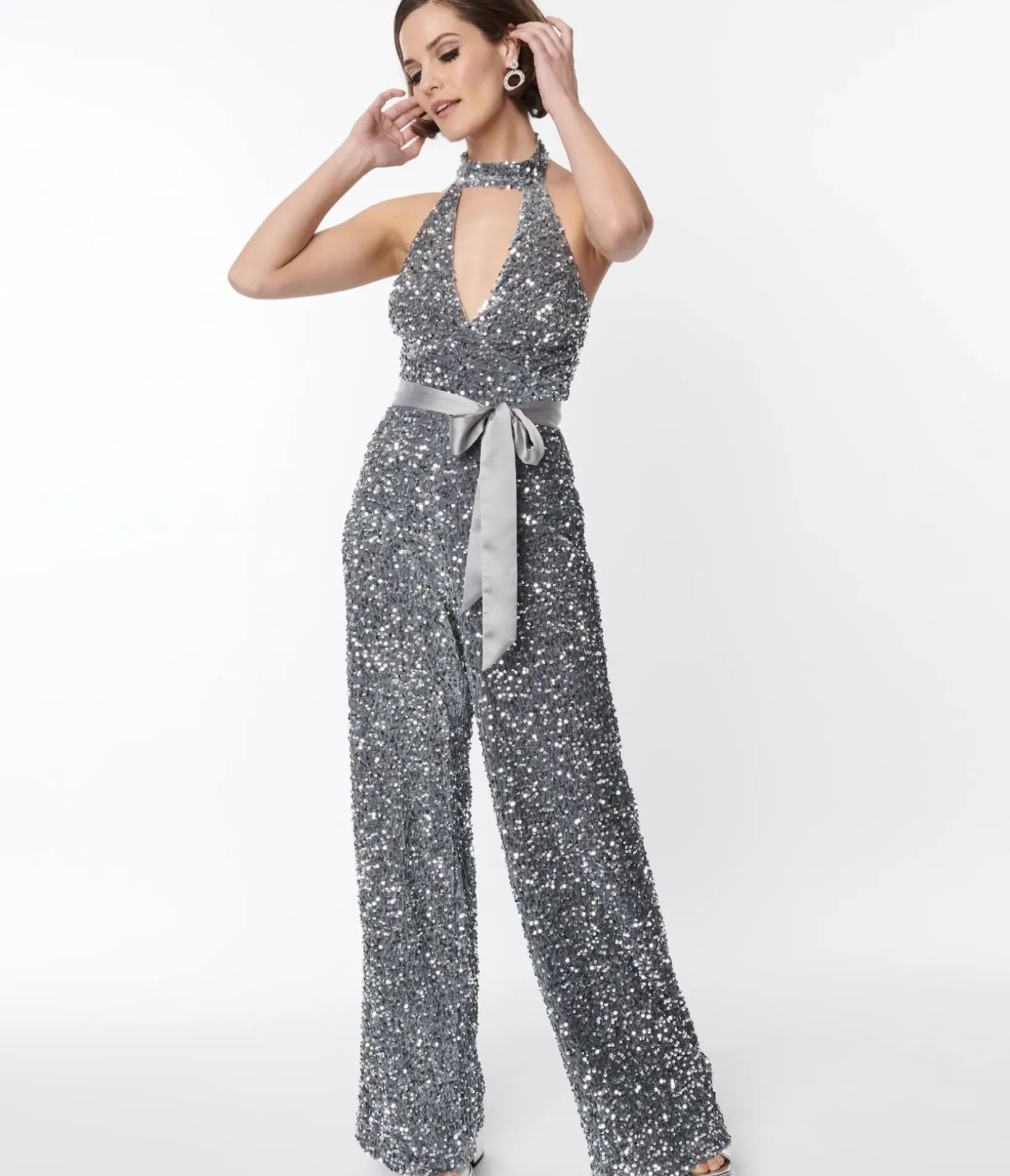 Unique Vintage Rompers & Jumpsuits>Smak Parlour Silver Sequin Glamour Goddess Jumpsuit