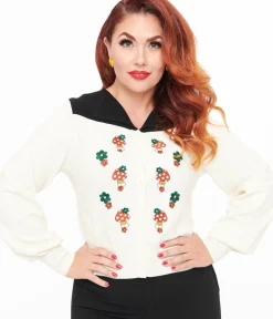 Unique Vintage Sweaters & Cardigans>Smak Parlour 1960s Ivory & Black Mushroom Embroidered Cardigan