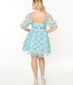 Unique Vintage Babydoll|Babydoll>Smak Parlour Sky Blue & Glitter Rainbows Love Interest Babydoll Dress