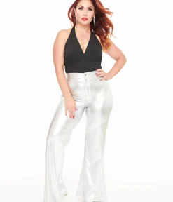 Unique Vintage Pants>Smak Parlour 1960s Metallic Silver High Waist Flare Pants