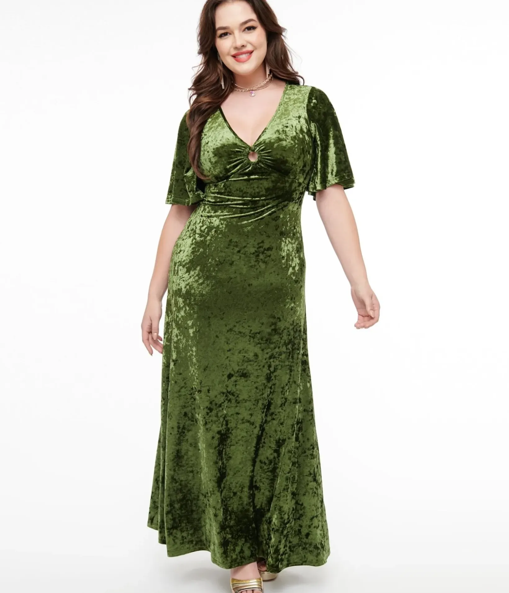 Unique Vintage Maxi|Everyday Dresses>Smak Parlour 1970s Mossy Green Velvet Cutout Maxi Dress