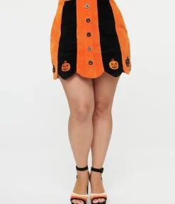 Unique Vintage Skirts|Halloween>Smak Parlour 1960s Orange & Black Pumpkin Corduroy Mini Skirt