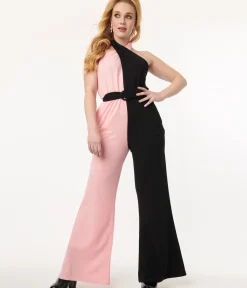 Unique Vintage Rompers & Jumpsuits|All Things Black>Smak Parlour 1970s Pink & Black Colorblock Draped Darling Jumpsuit