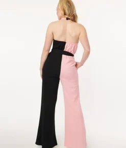 Unique Vintage Rompers & Jumpsuits|All Things Black>Smak Parlour 1970s Pink & Black Colorblock Draped Darling Jumpsuit