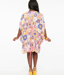 Unique Vintage Caftans|Caftans>Smak Parlour 1970s Pink & Purple Mod Floral Mini Caftan