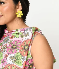 Unique Vintage Fit & Flare|Everyday Dresses>Smak Parlour 1960s Pink Retro Bloom Mock Turtleneck Fit & Flare Dress