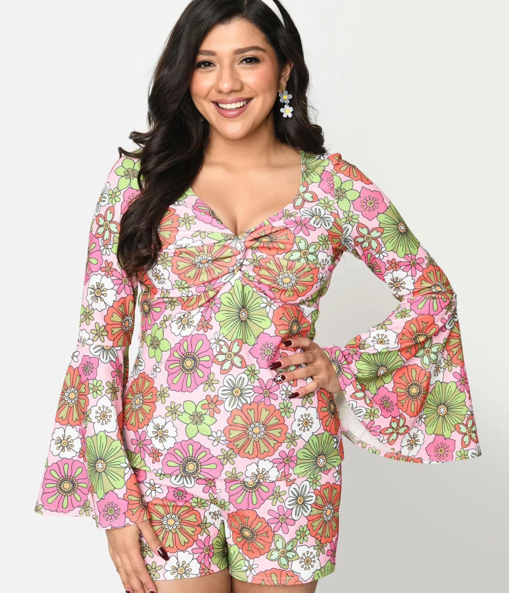 Unique Vintage All Things Pink>Smak Parlour 1960s Pink Retro Bloom Trumpet Sleeve Top