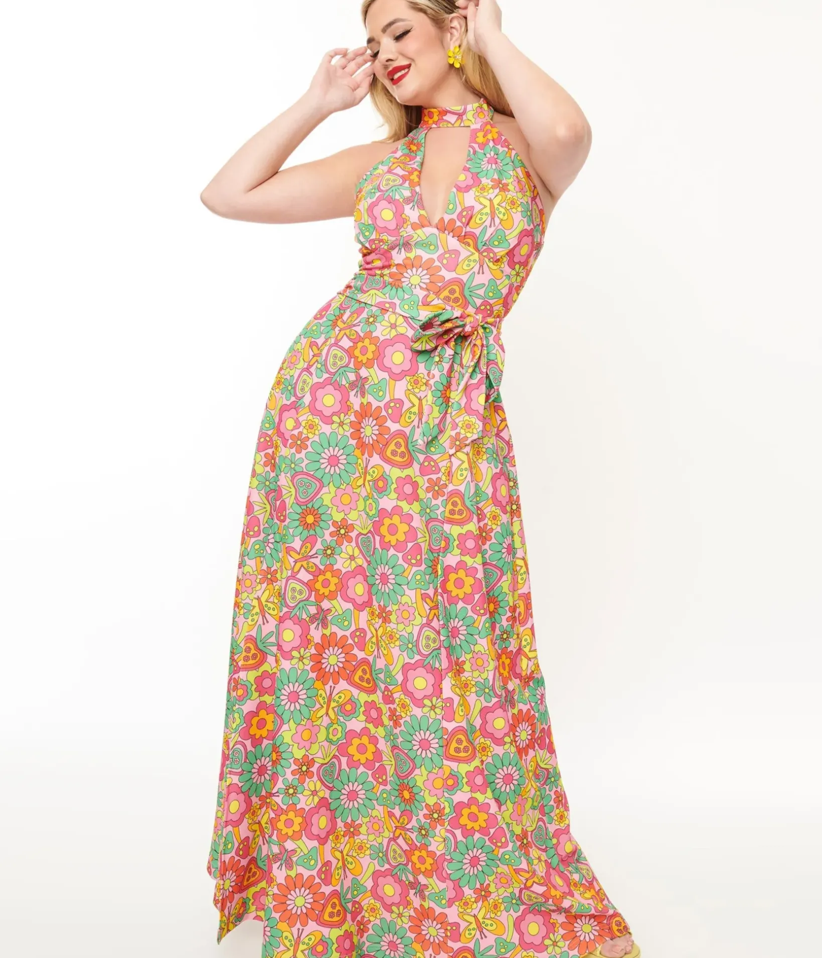 Unique Vintage Maxi|Everyday Dresses>Smak Parlour 1960s Pink Strawberry Fields Halter Maxi Dress