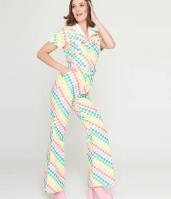 Unique Vintage Pride>Smak Parlour 1970s Rainbow Check Flare Jumpsuit