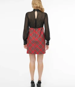 Unique Vintage Everyday Dresses|All Things Red>Smak Parlour 1960s Red Plaid & Black Ruffle Neck A-Line Dress