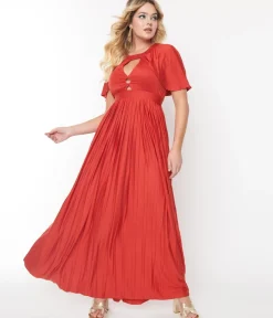 Unique Vintage Maxi|All Things Red>Smak Parlour 1970s Rust Red Pleated Cape Maxi Dress