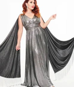 Unique Vintage Maxi|Everyday Dresses>Smak Parlour 1970s Silver Fringe Cape Maxi Dress