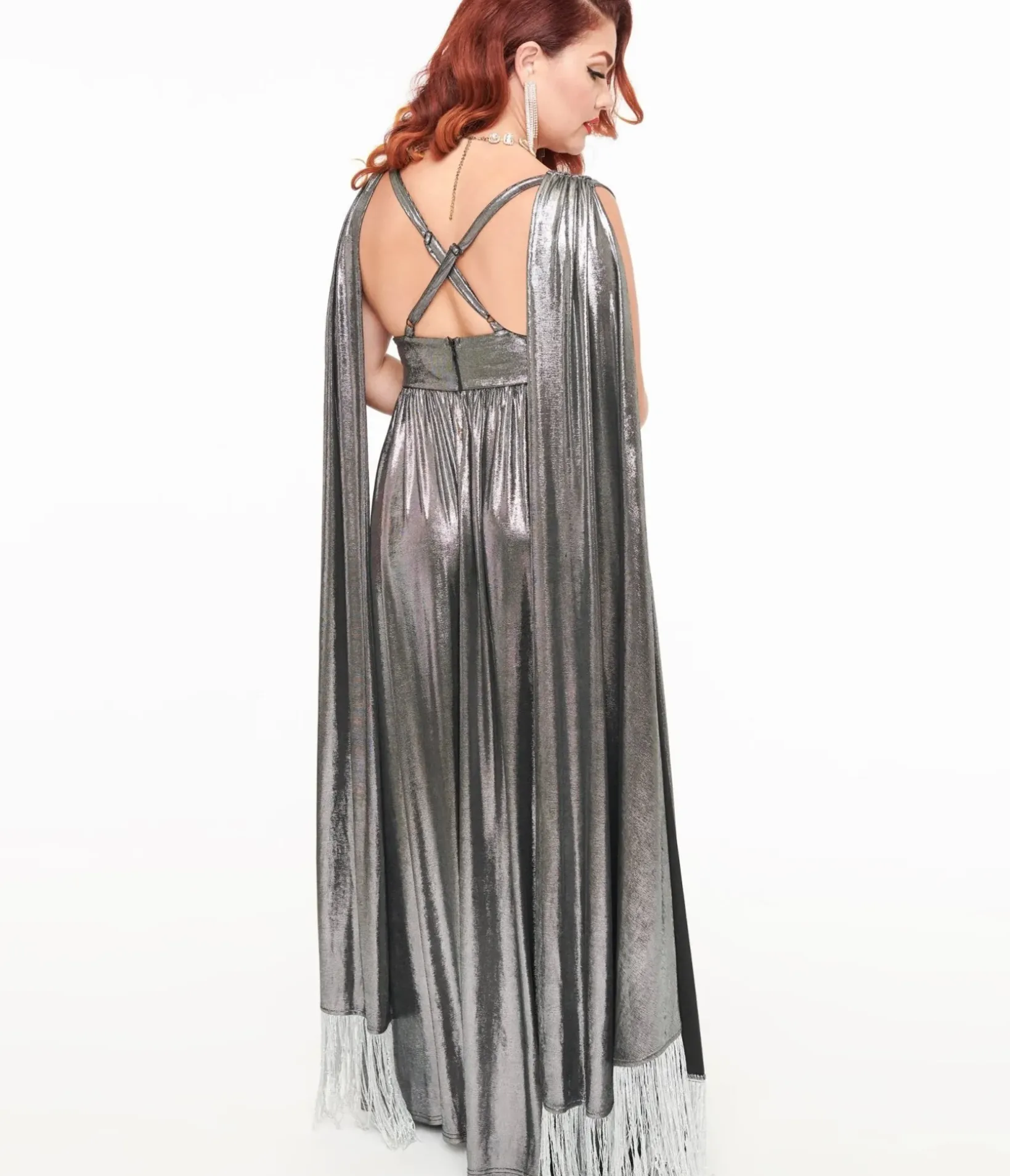 Unique Vintage Maxi|Everyday Dresses>Smak Parlour 1970s Silver Fringe Cape Maxi Dress
