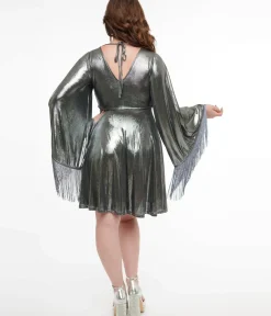 Unique Vintage Fit & Flare|Everyday Dresses>Smak Parlour 1970s Silver Metallic Fringe Fit & Flare Dress