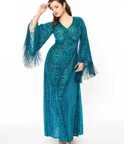 Unique Vintage Maxi|Everyday Dresses>Smak Parlour 1970s Teal Floral Fringe Sleeve Maxi Dress