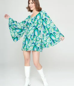 Unique Vintage Everyday Dresses>Smak Parlour 1960s Teal Floral Psychedelic Downtown Scene Mini Dress