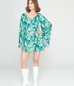 Unique Vintage Everyday Dresses>Smak Parlour 1960s Teal Floral Psychedelic Downtown Scene Mini Dress