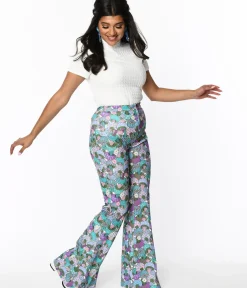 Unique Vintage Pants>Smak Parlour 1970s Teal Groovy Mushrooms Find Your Flare Pants